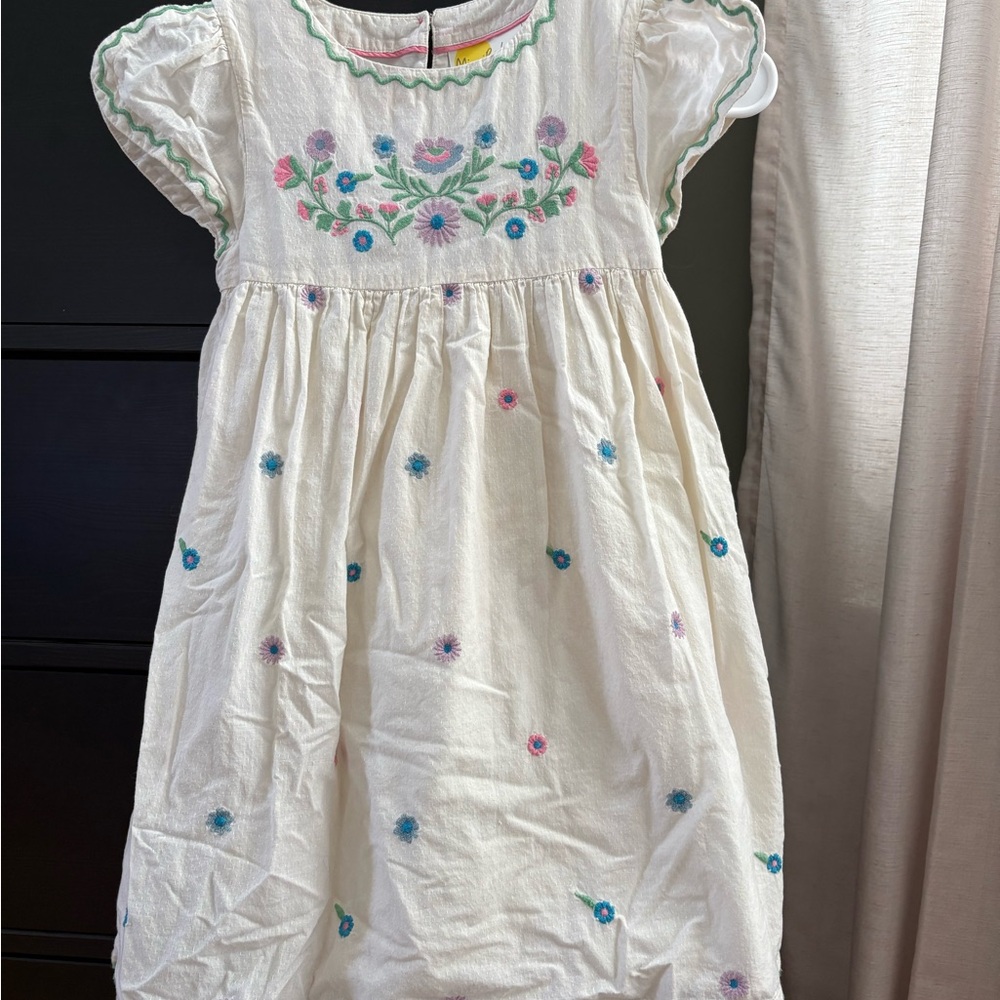 Mini Boden White Dress with Pink Trim and Multicolor Floral Embroidery